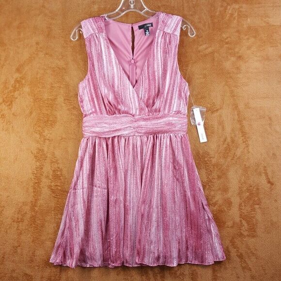 AQUA Womens Dress Medium Pink Shimmer Fit Flare Skater Empire Keyhole Neck - Picture 2 of 9